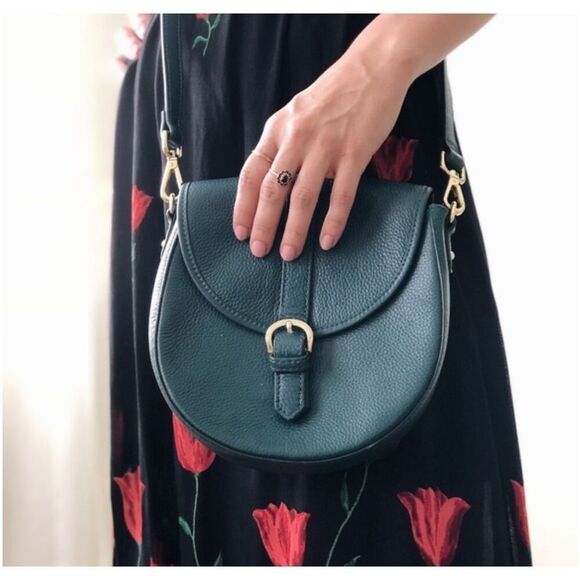 Ora Delphine Small Saddle Bag Emerald Green Pebbled Leather Guitar Strap Crossbo - Picture 2 of 12